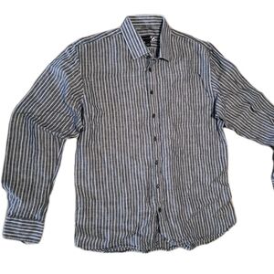 Saks Fifth Avenue Shirt Mens XL Blue Stripped Casual Button Up Shirt 100% Linen